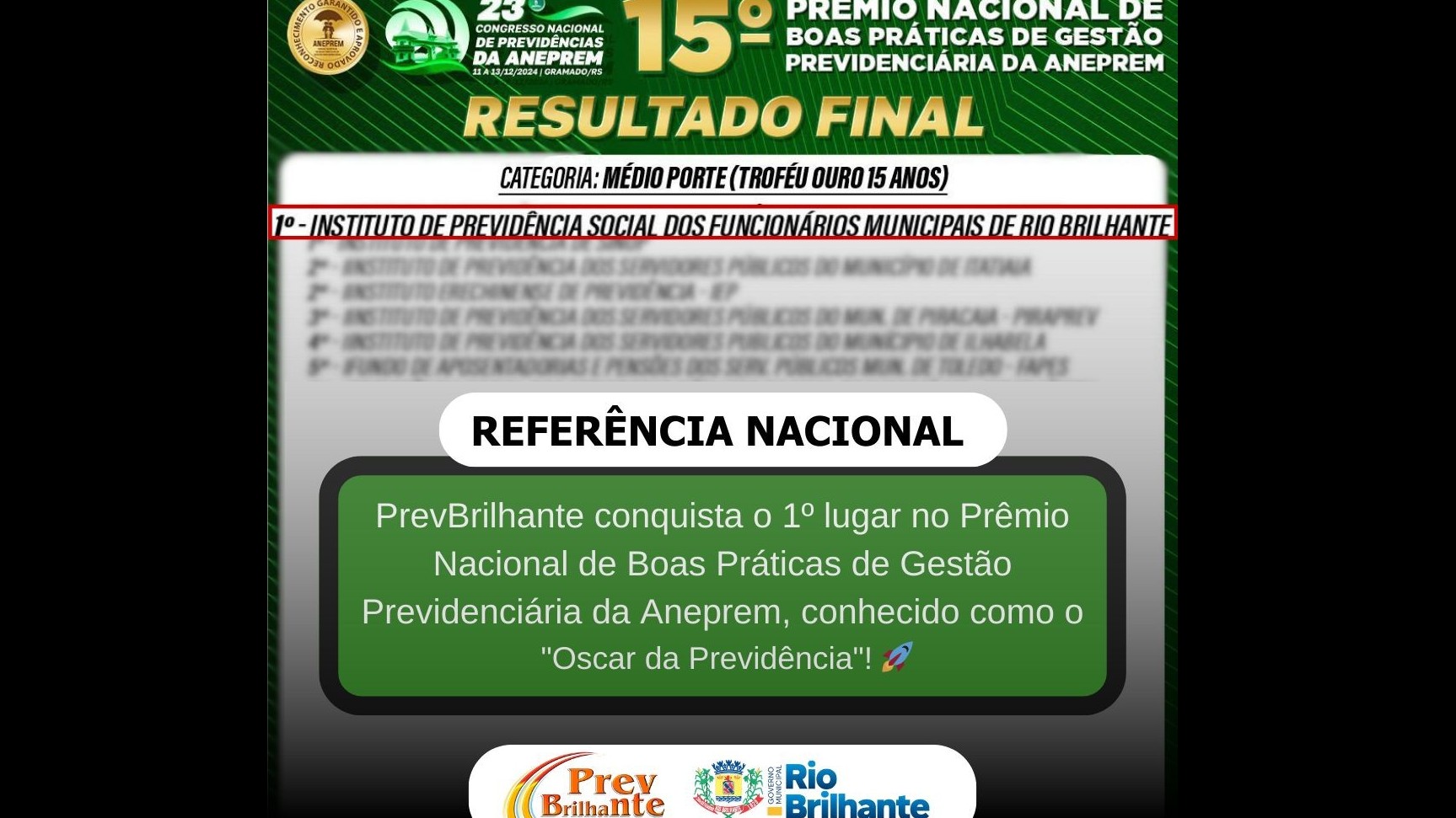 PrevBrilhante e Governo Municipal de Rio Brilhante celebram a vitória como campeão nacional no “Oscar da Previdência”!